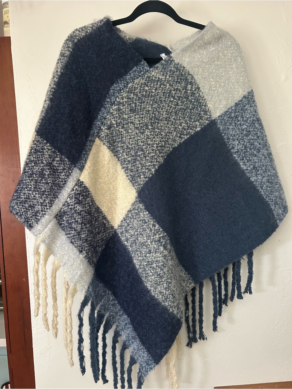 Cozy Blanket-Poncho Sweater in Blue and Cream